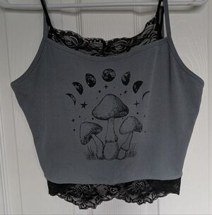 ROMWE Gray Top with Black Lace Detail And Mushroom/Moon Phase Crop Top